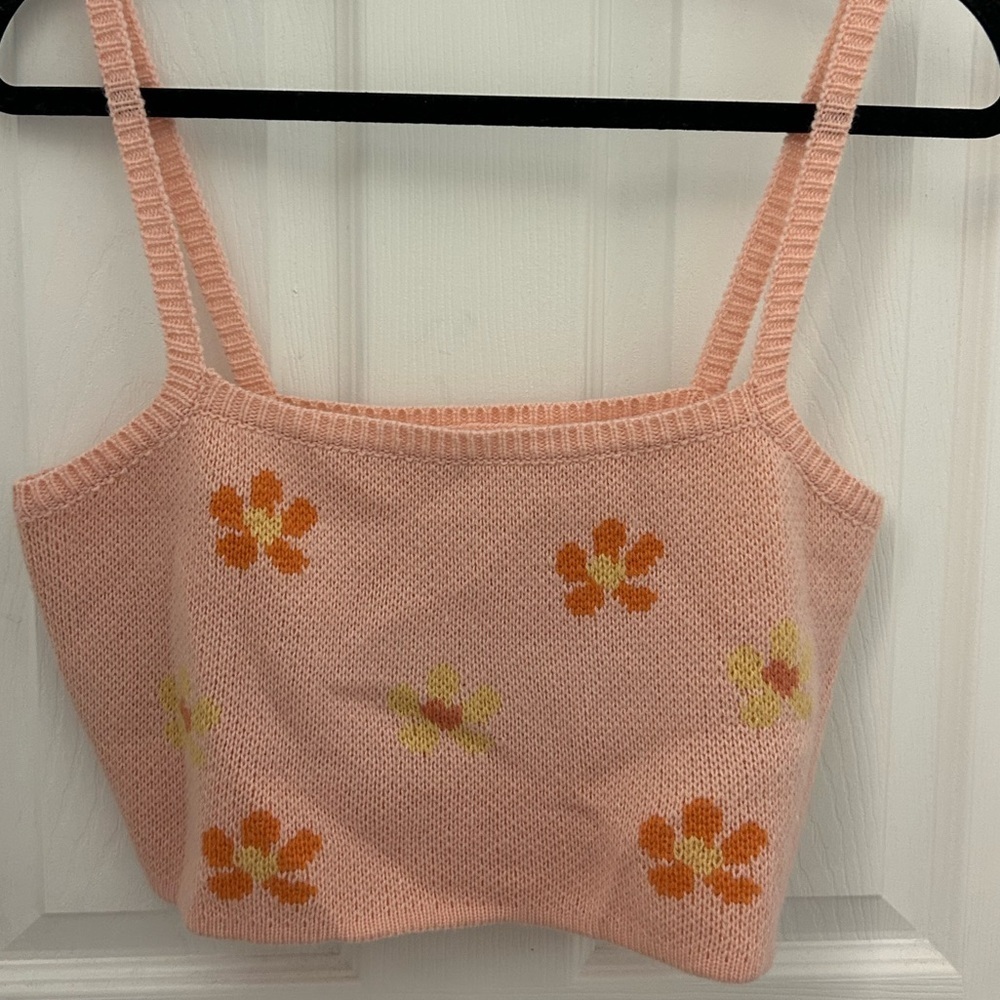 Emory Park Pink and Flower Knit Crop Top, Sz L